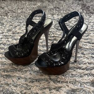 bebe Black Lace and Brown Platform Heels, Size 6